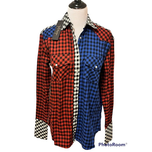 NWT! Petersyn x Revolve •S• Carnaby Tartan Plaid Red White Blue Shirt Pearl Snap - Picture 11 of 12